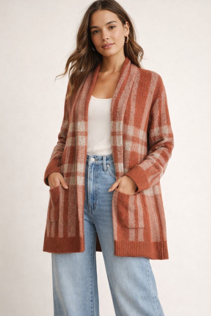 Womens Cyrus Cardigan Sz Large Orange Cream Plaid Long Line Shawl Collar Sweater